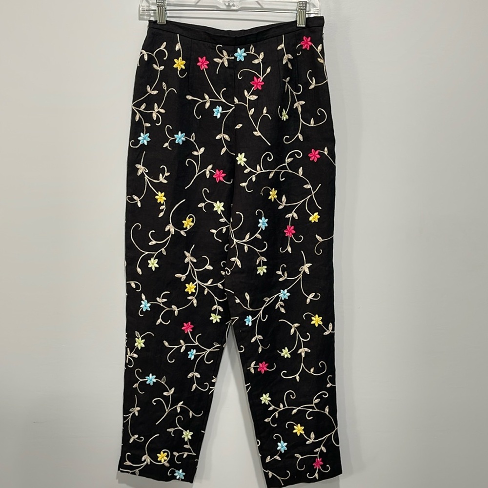 Talbots Irish Linen embroidered high rise pants black with floral pattern size 8